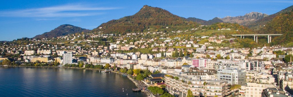 Eine Stadt in der Schweiz am See mit einer Brücke. | Une ville en Suisse au bord d'un lac avec un pont. | A city in Switzerland by the lake with a bridge.